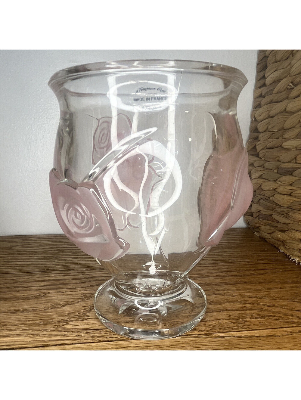 French Art Glass Vase Clear & Pink Rose Floral Pattern Glass